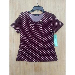 JM Fleurette Petite- Women's Polka Dot Blouse with Short Sleeve - Brown - Large
